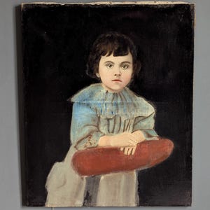 Charming Antique French Oil Portrait Painting of a Young Girl, Prayer Chair, French Art, Old Picture, Drawing, Artwork, French Brocante 6263