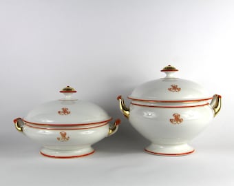 French Antique Monogram Porcelain Tureens White and Orange Transferware, SET of 2, Footed Bowls,  Monogrammed