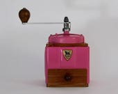 French Vintage Peugeot Coffee Mill Grinder Hot Pink Enamel 1940s Burr Grinder Fully Restored