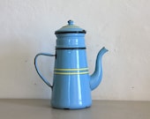 Antique French Enamel Coffee Pot Pale Blue and Lemon