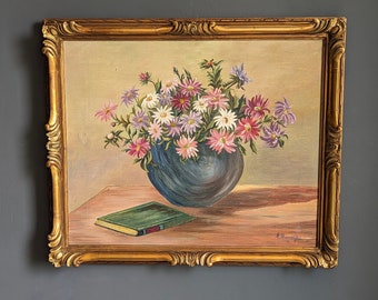 Vintage French oil painting on canvas of flowers (Marguerites) in a stunning antique plaster and wood frame, Signed by Artist  6121