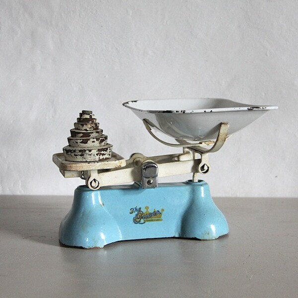 Antique English Kitchen Scales, Iron Kitchen Scales , Blue Enamel General Store Scales 1930s