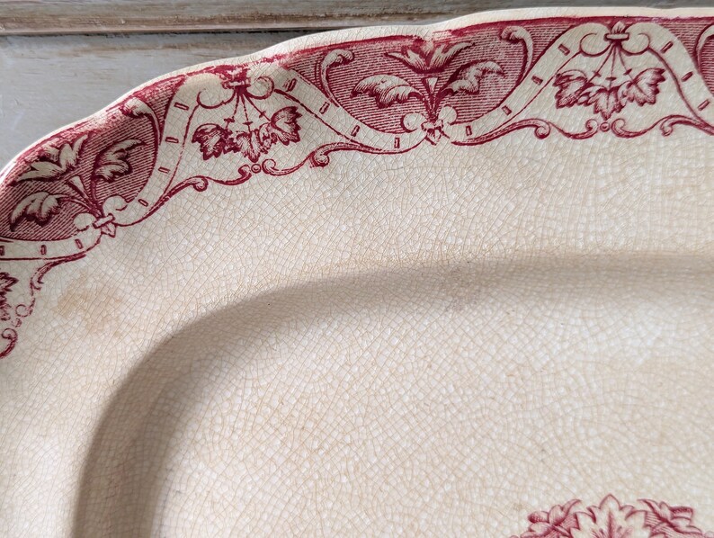 1800's Antique French Red Transferware Serving Platter, Rectangular, Ironstone Plate, Paris, Regent 6142 image 5