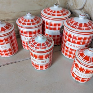 Antique Enamel Nesting Canisters Red and White Plaid Signed and numbered image 3