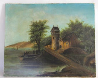 French Antique Oil Painting of Chateau and Church, Boats on the River and Countryside Scene, 1947