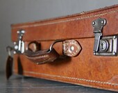 French Vintage Leather Suitcase Weekend Bag 1940s with working lock.
