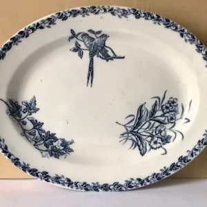 Antique French Faience Blue Transferware Onnaing Oval Serving Platter, Meat Serving Plate, Home Decor, French Brocante   5975
