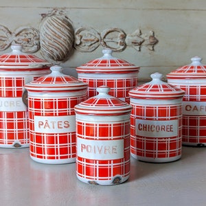 Antique Enamel Nesting Canisters Red and White Plaid Signed and numbered image 1