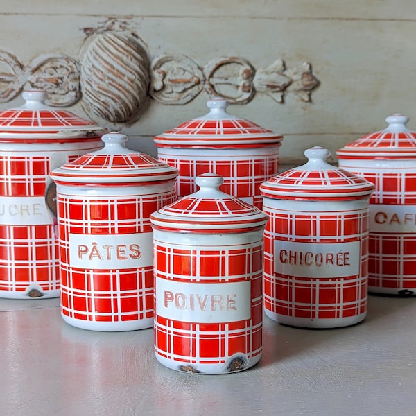 Antique Enamel Nesting Canisters Red and White Plaid Signed and numbered