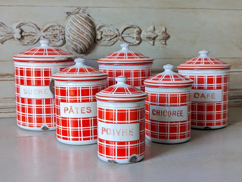 Antique Enamel Nesting Canisters Red and White Plaid Signed and numbered image 1