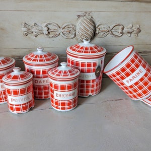 Antique Enamel Nesting Canisters Red and White Plaid Signed and numbered image 8