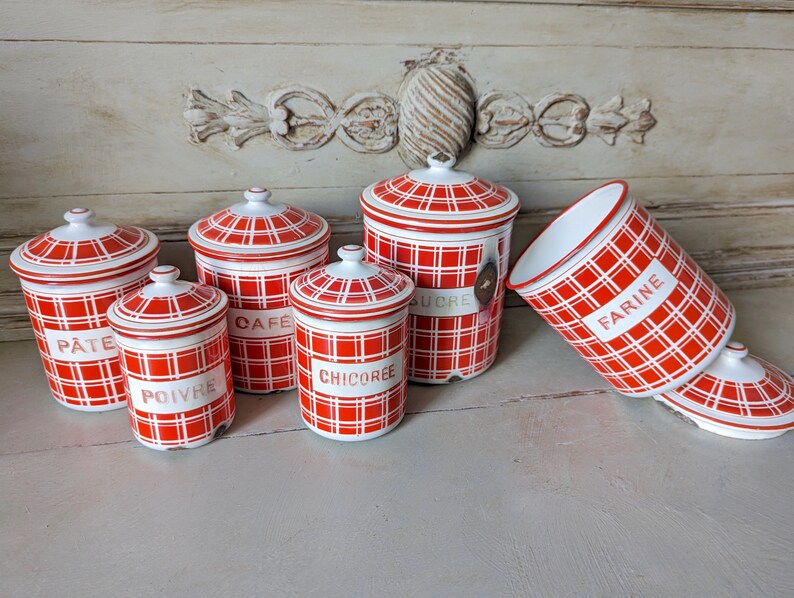 Antique Enamel Nesting Canisters Red and White Plaid Signed and numbered image 8