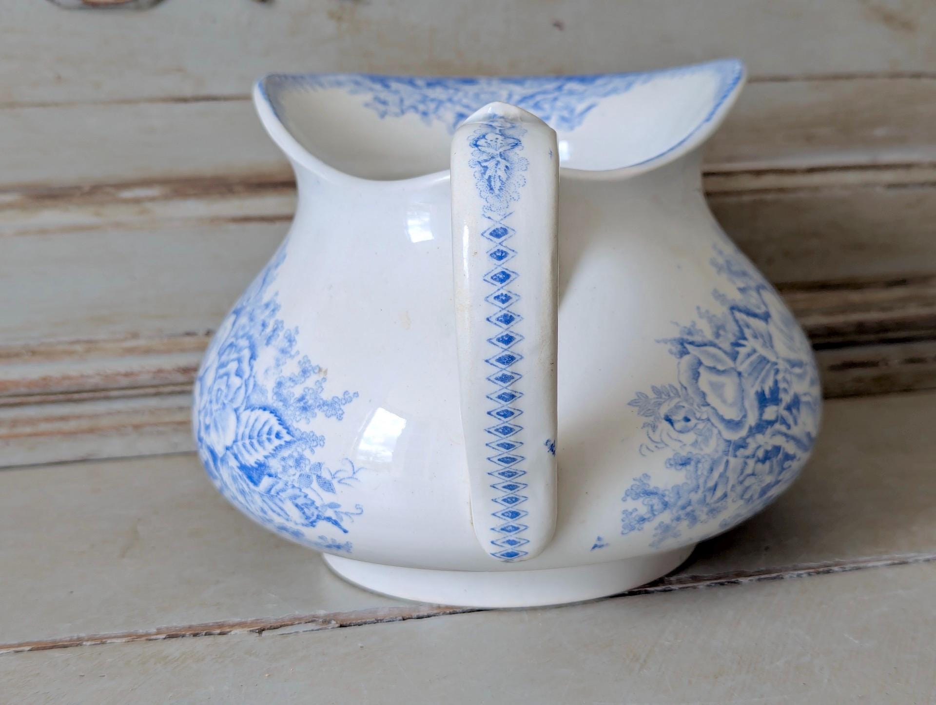 Antique French Jardiniere Pitcher, Water Jug, Blue Transferware