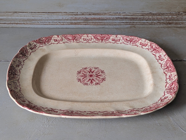 1800's Antique French Red Transferware Serving Platter, Rectangular, Ironstone Plate, Paris, Regent 6142 image 2