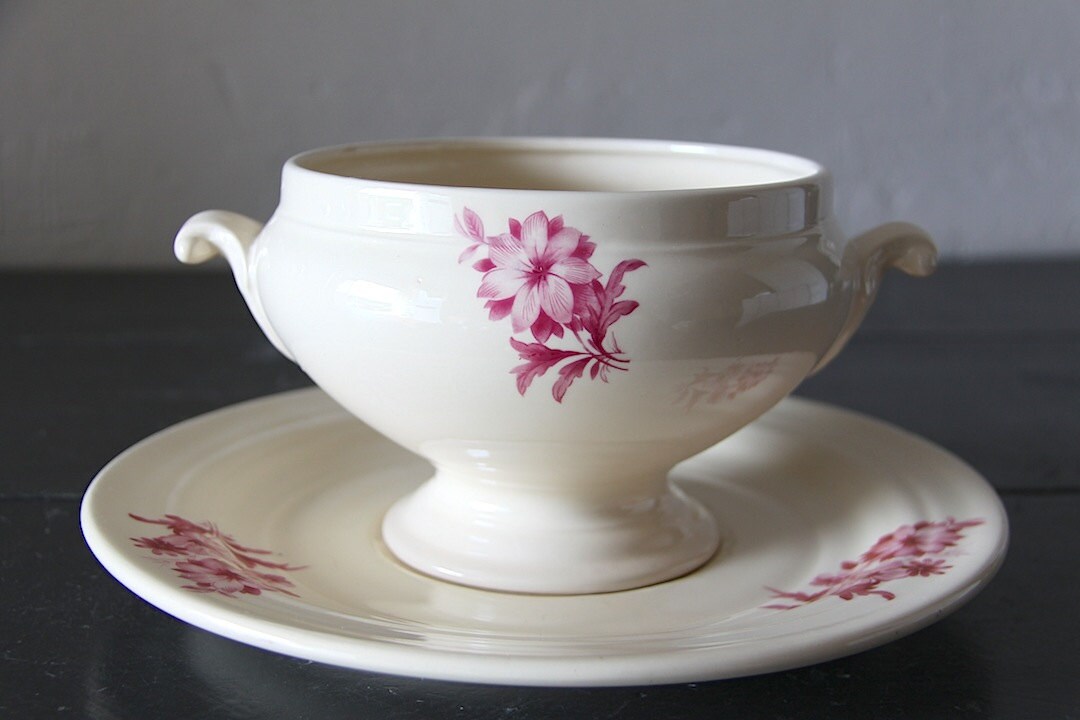 Français Soupe Vintage Tureen et Assiette de Service à La Crème Rouge, Dîner, Bol en Pierre Fer, Fra