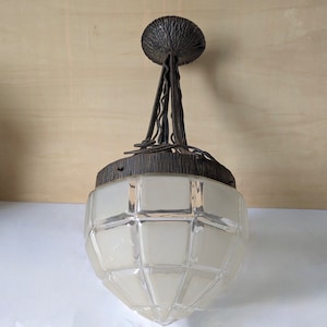 French Antique Art-Deco Ceiling Light, Ceiling Fixture, Original Glass Shade, Metal Frame, 1930&#39;s, French Brocante  6075