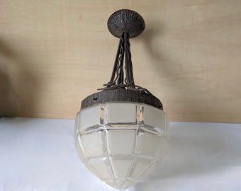 French Antique Art-Deco Ceiling Light, Ceiling Fixture, Original Glass Shade, Metal Frame, 1930&#39;s, French Brocante  6075