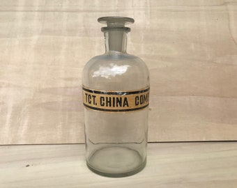 French Antique Art Deco Glass Apothecary Pharmacy Bottle, Mouth blown glass, Original Glass Stopper, Chemistry, Laboratory collectible, 5858