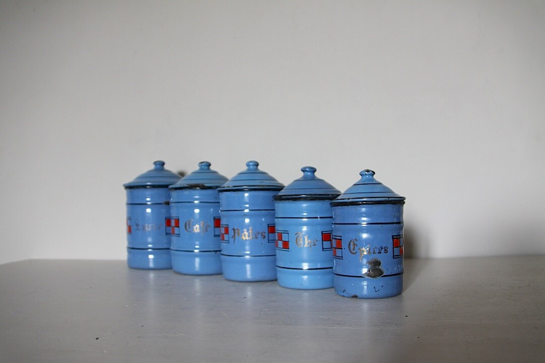 Antique Français Enamel Kitchen Canister Set in Blue & Red Plaid, Lustucru