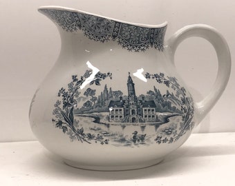 Antique French Pitcher, Jug, Teal Transferware, Chateau, Ducks and plants By 'Orchies', Floral decor,     5788