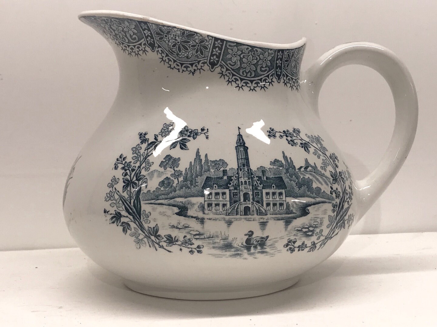 Antique Français Pichet, Cruche, Teal Transferware, Château, Canards et Plantes Par Orchies', Décor 