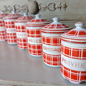 Antique Enamel Nesting Canisters Red and White Plaid Signed and numbered image 4