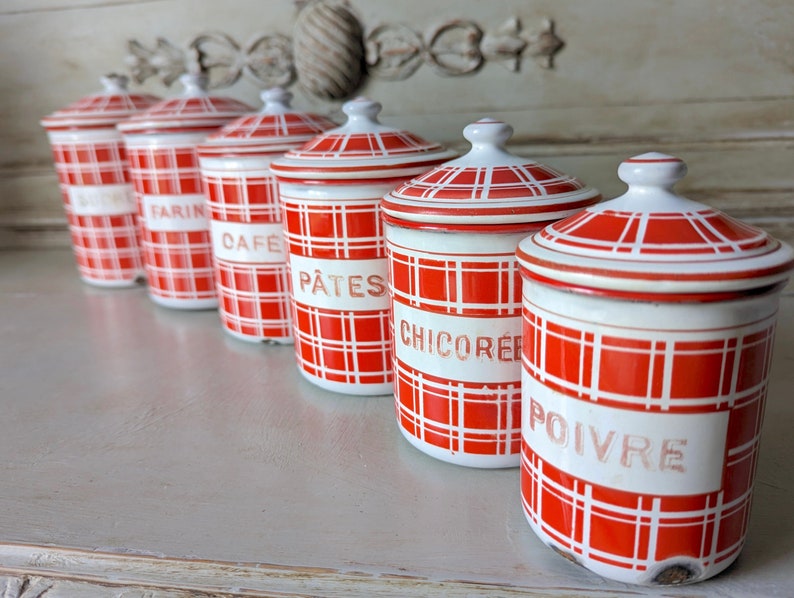 Antique Enamel Nesting Canisters Red and White Plaid Signed and numbered image 4