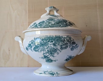 Antique Early 1900's French Tureen, Ancient Bowl, Bertrand of Bordeaux, Earthenware, Ironstone, Green, French Brocante   6016