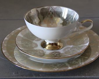 Vintage Porcelain Cup, Saucer & Plate with Gold Green Design, Breakfast set, Tableware, French Brocante