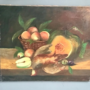 Antique French Still Life Oil Painting, Fruit and Pheasant, French Kitchen, Country Living, Rustic Farmhouse, Home Decor, Brocante  5963