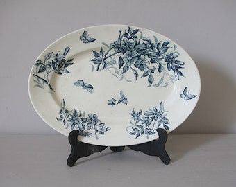 Antique French Faience Blue Transferware,  Jasmine, Serving Platter  12&quot;