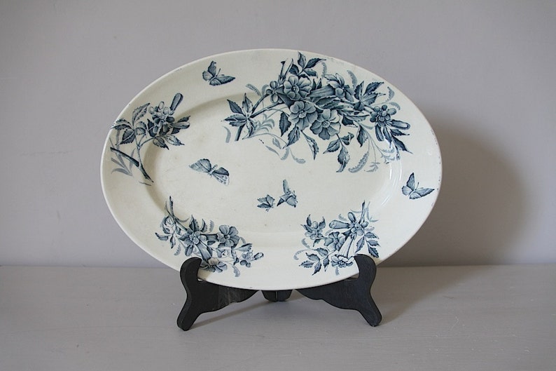 Antique French Faience Blue Transferware, Jasmine, Serving Platter 12 image 1