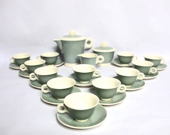 French Art Deco Digoin Coffee Set, Tea Set, Cups and Saucers Art Deco Green