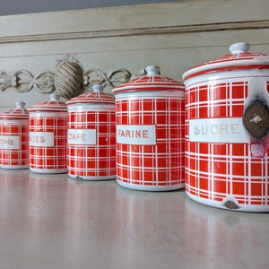 Antique Enamel Nesting Canisters Red and White Plaid Signed and numbered image 6