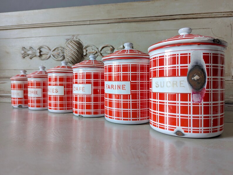Antique Enamel Nesting Canisters Red and White Plaid Signed and numbered image 6
