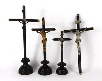 French Vintage Ebonised Crucifix, Collection of 4 Black Crucifixes, Lourdes, Rare Travel Cucifix