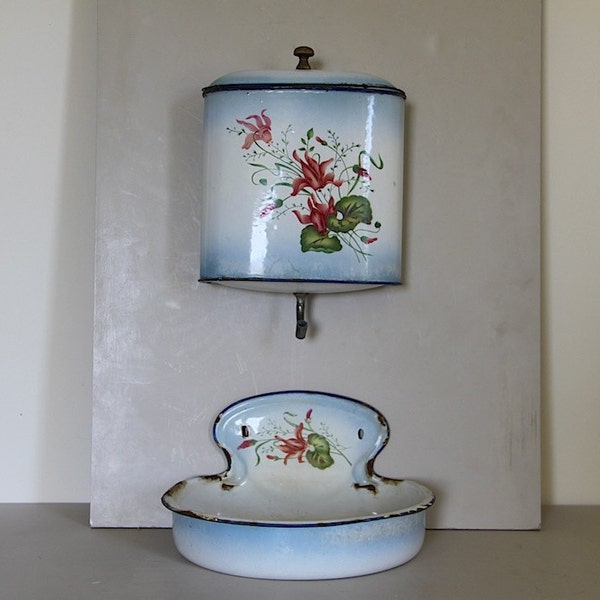 French Antique Fountain Lavabo Water Faucet  Enamel Blue and White Enamel Shabby Chic Flowers