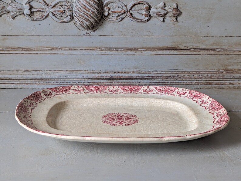 1800's Antique French Red Transferware Serving Platter, Rectangular, Ironstone Plate, Paris, Regent 6142 image 8
