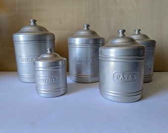 Vintage 1950's French Aluminium Canisters, Storage Set, Kitchen Pots, Aluminum Storage Jars, French Brocante    6031