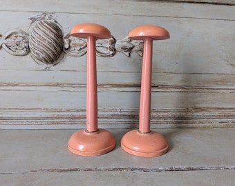 Pair of Pink French Vintage Hat Display Stands, Milliner, 1950's Wooden Hat Holders, Wig Holder, Mid-century, Jeanne D'arc Living   6162