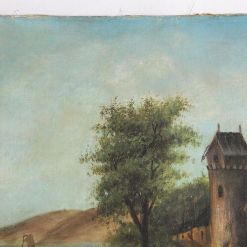 French Antique Oil shops Painting of Chateau and Church, Boats on the River and Countryside Scene, 1947