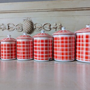 Antique Enamel Nesting Canisters Red and White Plaid Signed and numbered image 10