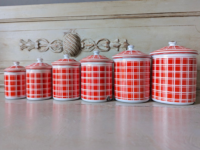 Antique Enamel Nesting Canisters Red and White Plaid Signed and numbered image 10