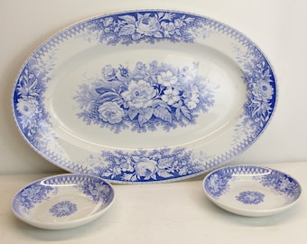 Antique French  Platter and two Small Serving Dishes or Soap Bowls, Blue Jardiniere Transferware Flowers, Floral decor    5775