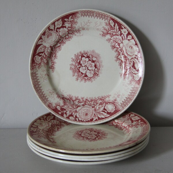 Antique French Faience Transferware Plate  Sarreguemines Jardiniere Red 1895