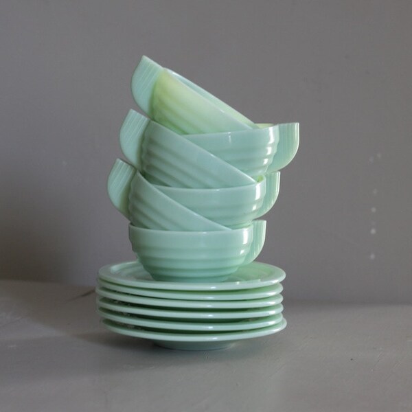 French Vintage Milk Glass Cups and Saucers Art Deco Mint Green