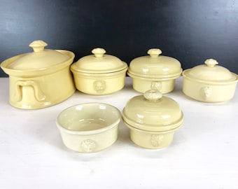 Set Of 6 French Antique Terrines, Glazed Pots, Foie Gras Pots, Lion Head Handles, Kitchenalia, Farmhouse Country Kitchen