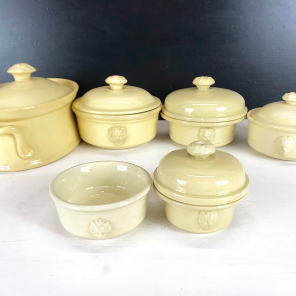 Set Of 6 French Antique Terrines, Glazed Pots, Foie Gras Pots, Lion Head Handles, Kitchenalia, Farmhouse Country Kitchen