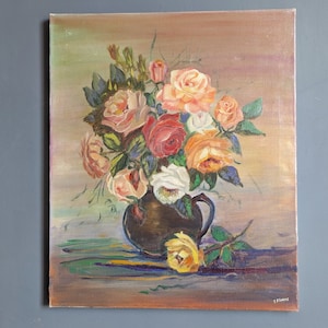 French Vintage Painting, Shabby Chic Roses, Pretty Floral Painting,Signed by Artist, Still Life  6153
