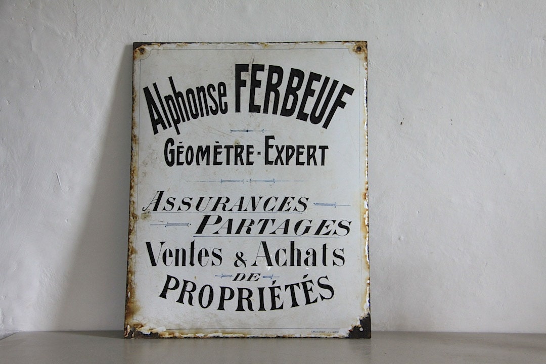 Rare Antique Français Émail Signe d'un Arpenteur, Agent Immobilier, Enseigne en Porcelaine, Grotte d
